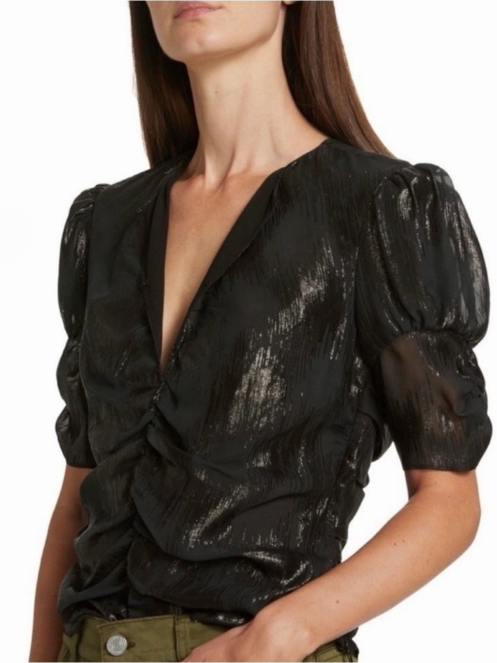 FRAME DENIM Ruched Metallic Jacquard Ruched Puff Short Sleeve Keyhole Blouse Top